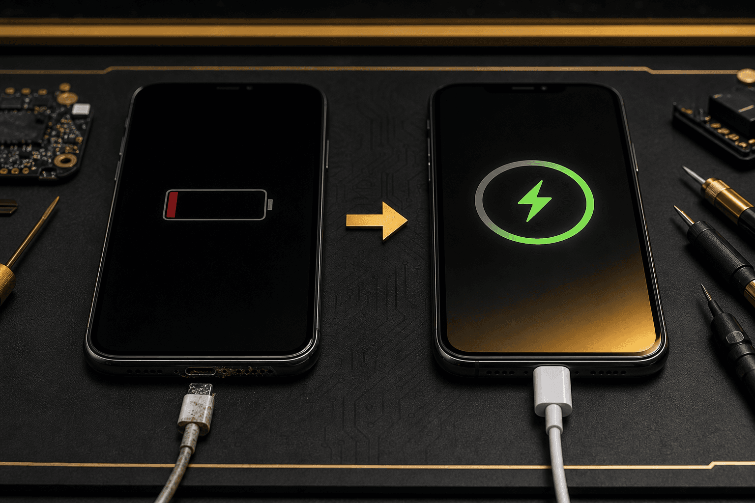 Antes e depois de reparo no conector de carga de celular