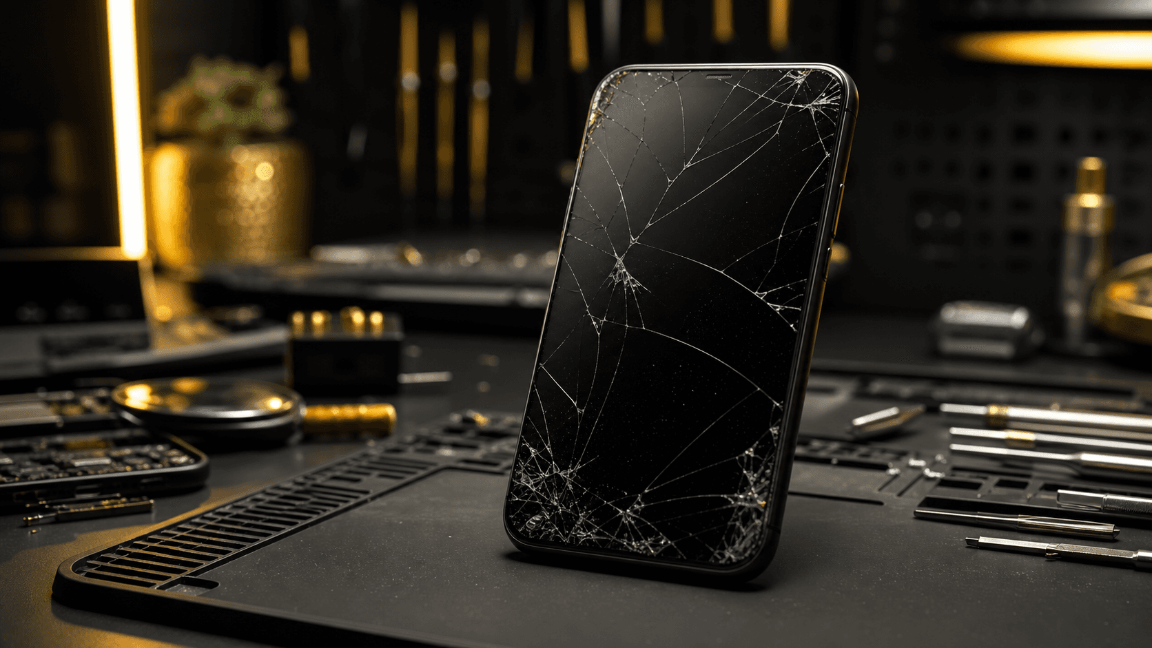 Celular realista com tela quebrada em bancada tecnica