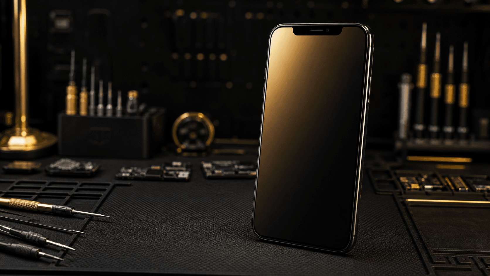 Celular realista reparado com tela nova em bancada tecnica